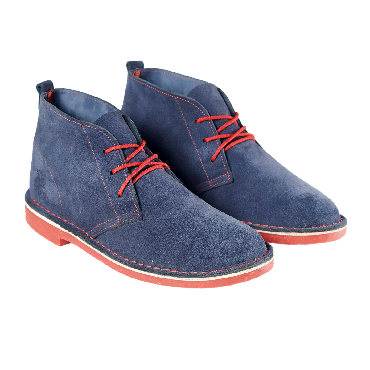 Women's lace-up veldskoen ankle boots in navy suede with red laces and a red sole